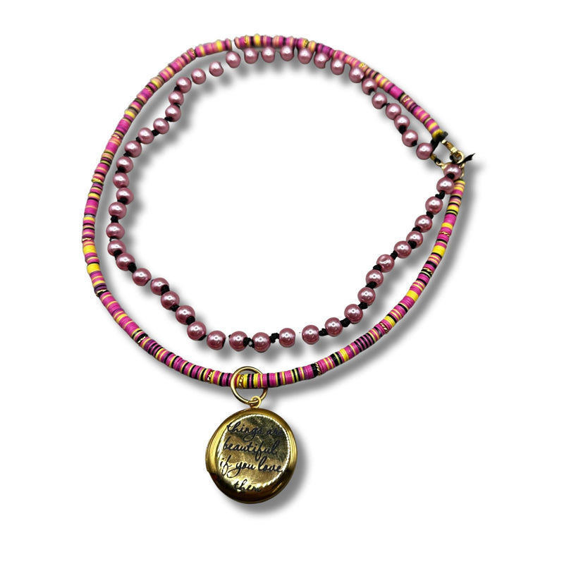 Pinks, Black, Lavender and Yellow Convertible Necklace and Bracelet Combination with Locket