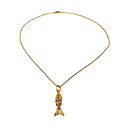 Gold necklace with a fish-shaped pendant on a white background
