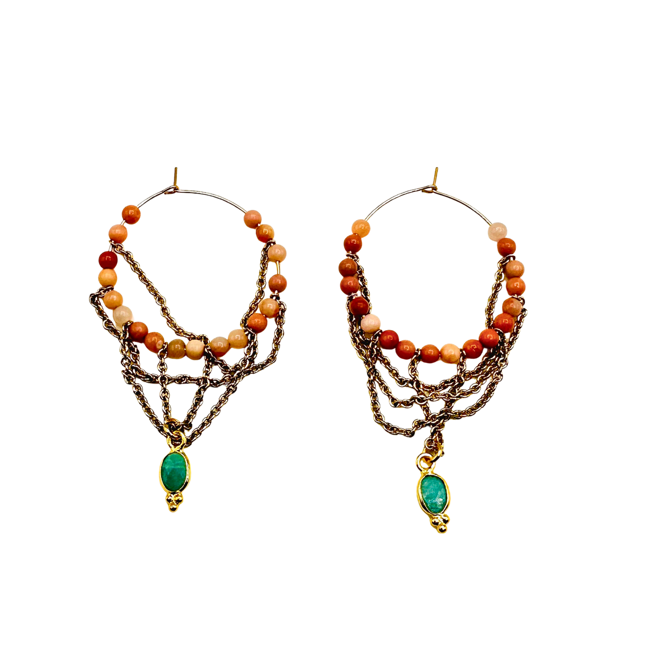 Pair of beaded earrings with gold chains and green gemstones on a white background