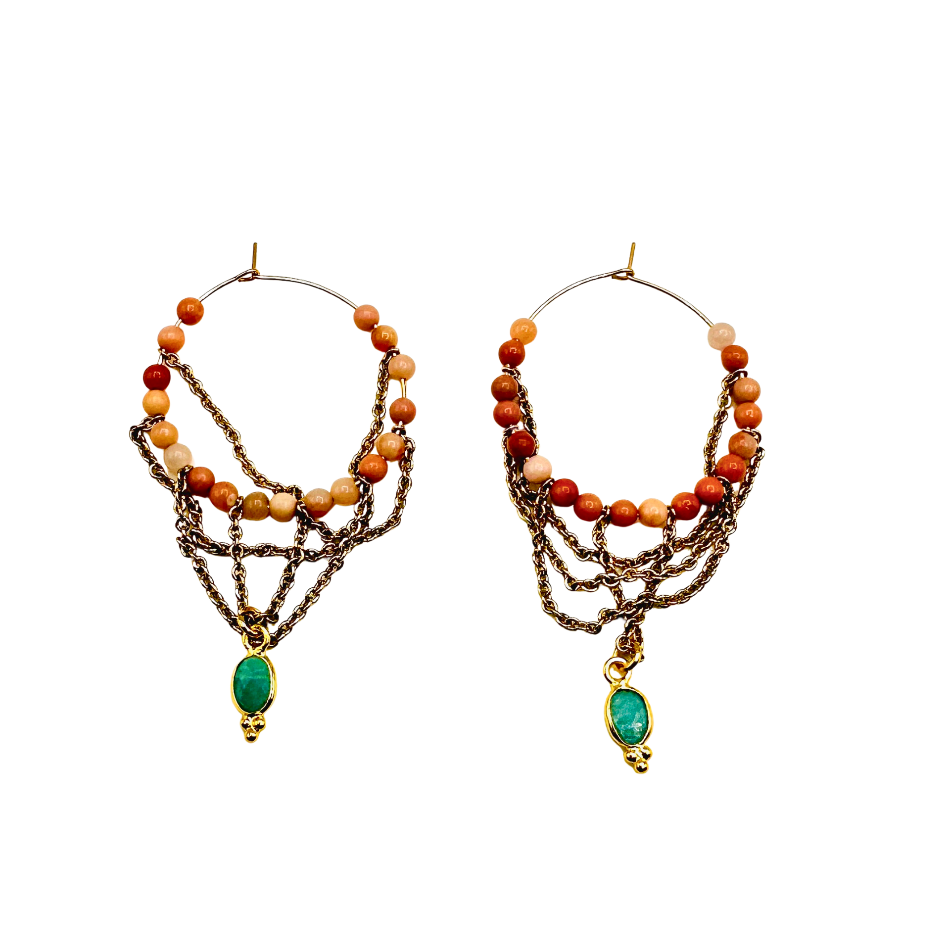 Pair of beaded earrings with gold chains and green gemstones on a white background