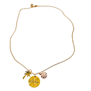 Necklace with 'Aloha' pendant and palm tree charm on a white background