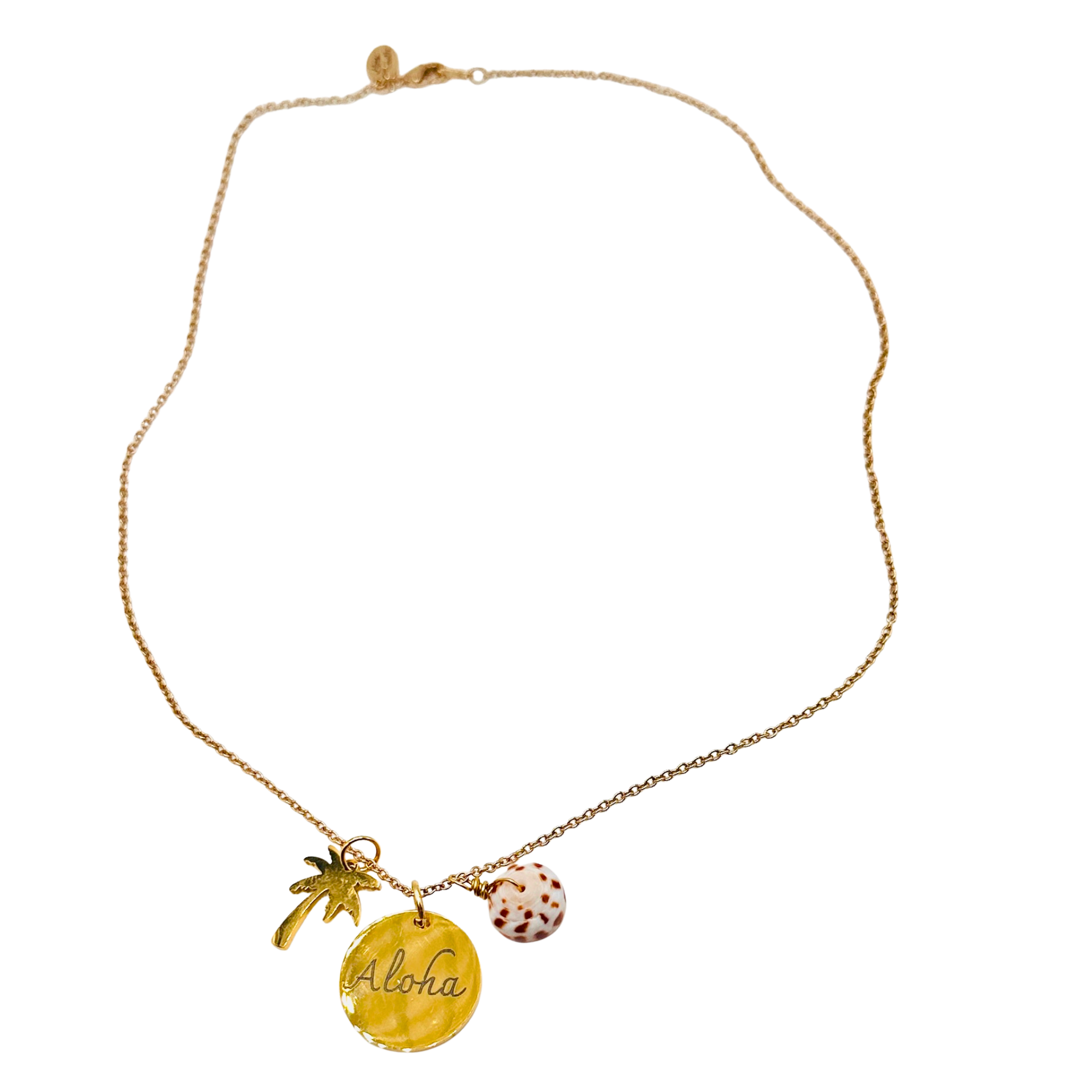 Necklace with 'Aloha' pendant and palm tree charm on a white background