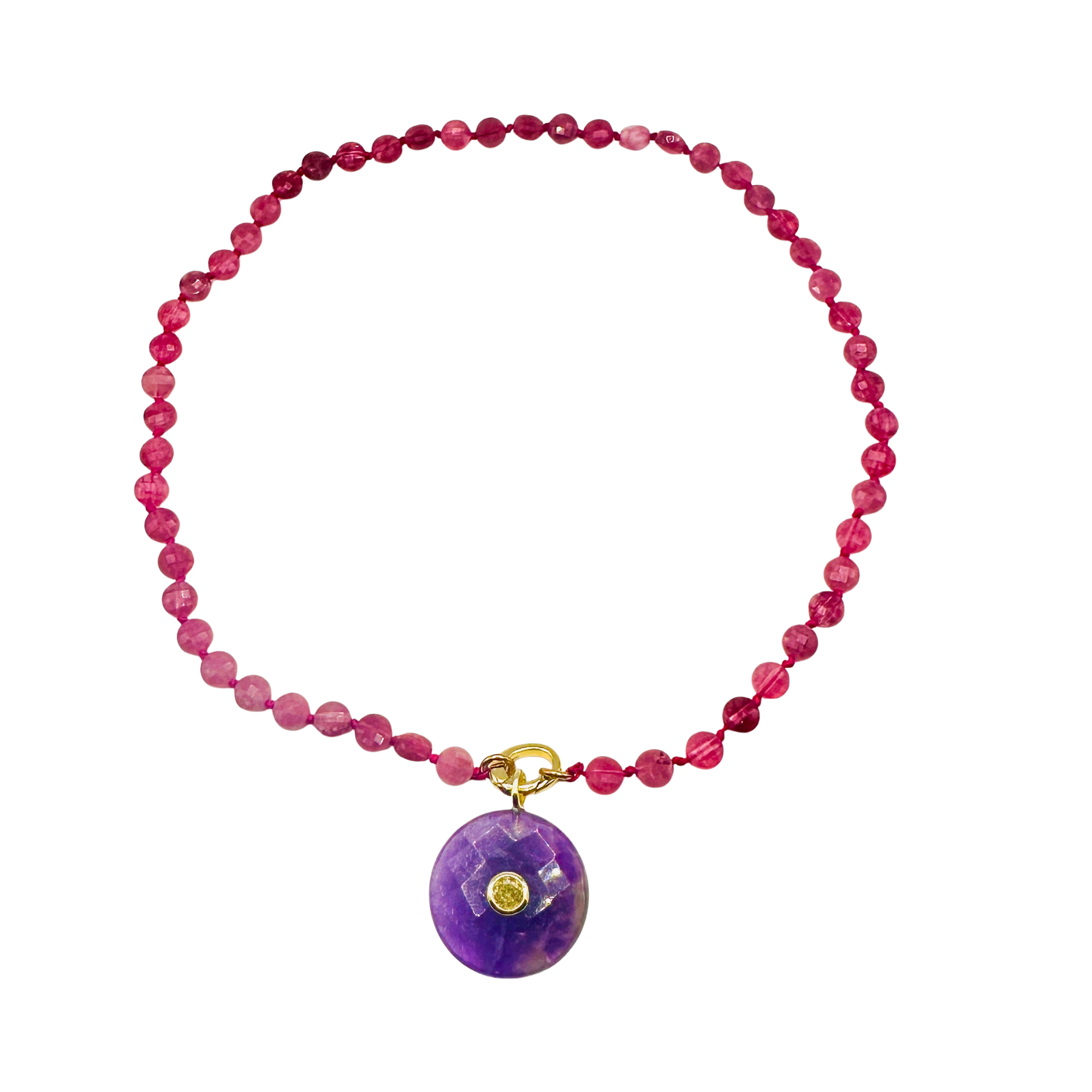Pink beaded Necklace with a purple pendant on a white background