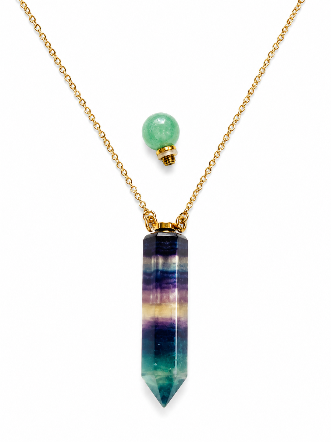 A gold chain necklace featuring a vertical point pendant made of a striped gemstone in shades of teal, green, purple, and blue, with a separate round green bead and small gold cap above it, shown on a white background.