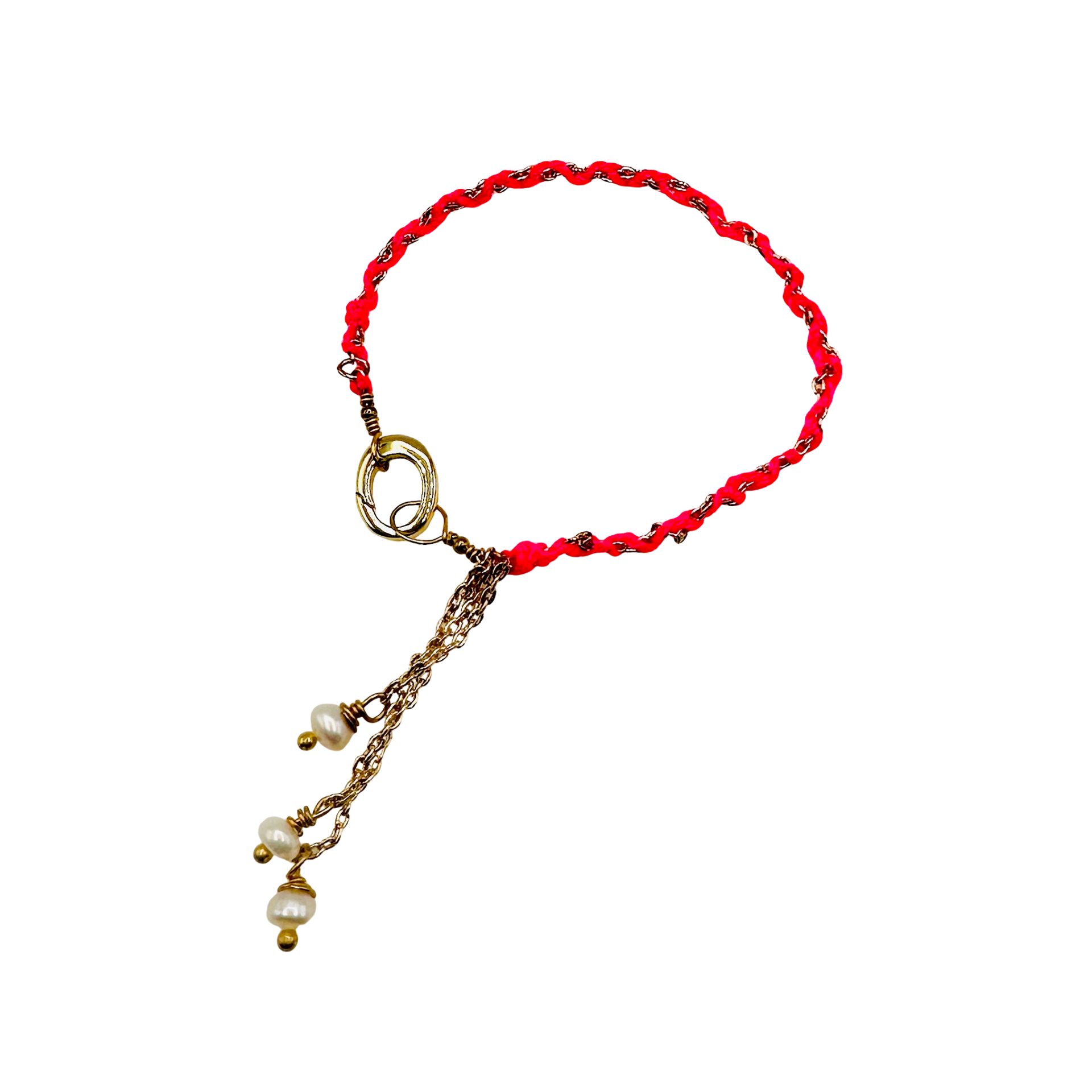 Bracelet with red cord, gold chain, and pearl charms on a white background