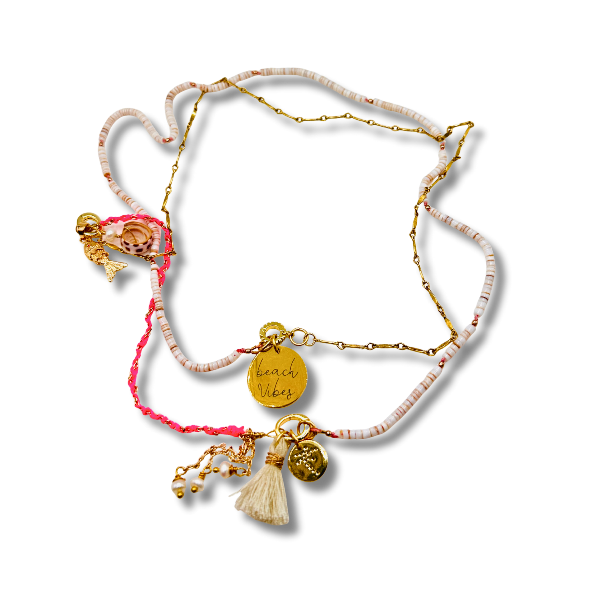 Necklace with pink and gold elements on a white background