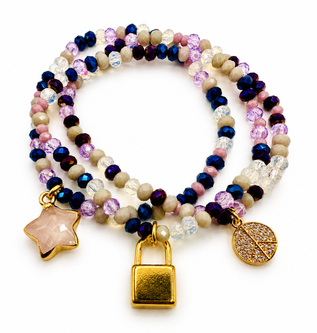 Crystal Beaded Bracelet Stack with Rose Quartz & Charms