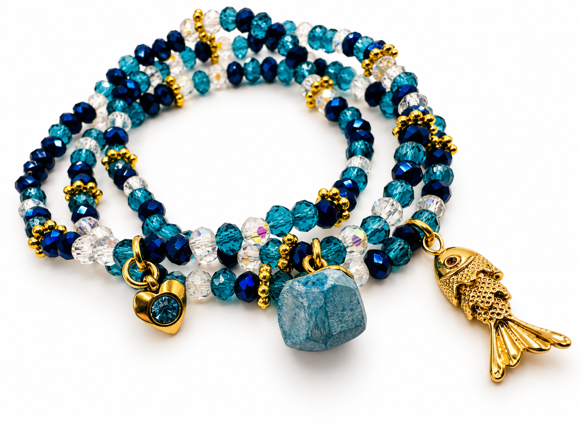 Crystal Beaded Bracelet Stack with Turquoise & Fish Charm
