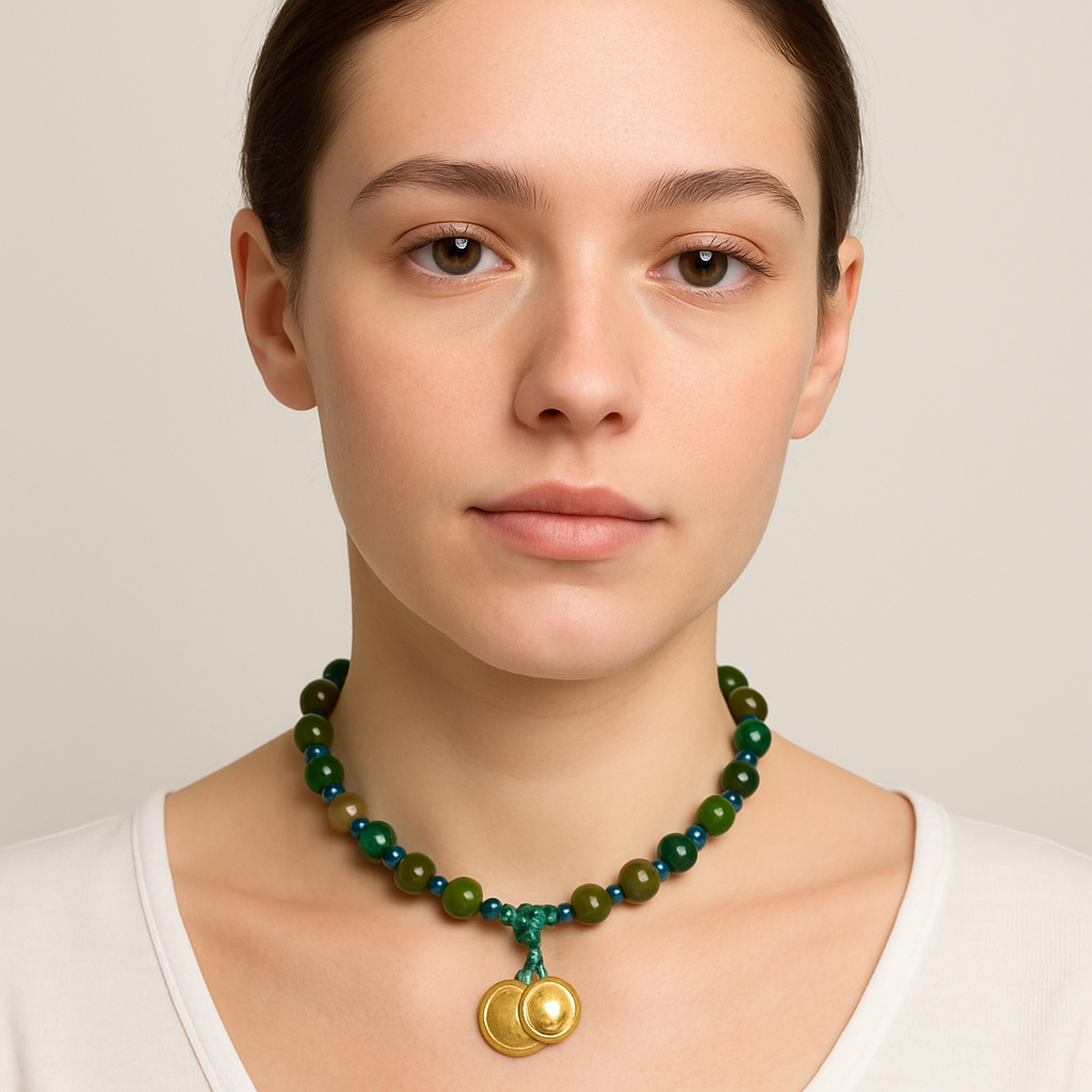 Moss Agate Hand Knotted Beaded Necklace with Genuine Coins