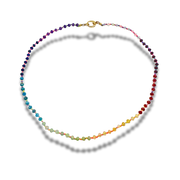 Multicolored beaded necklace on a white background