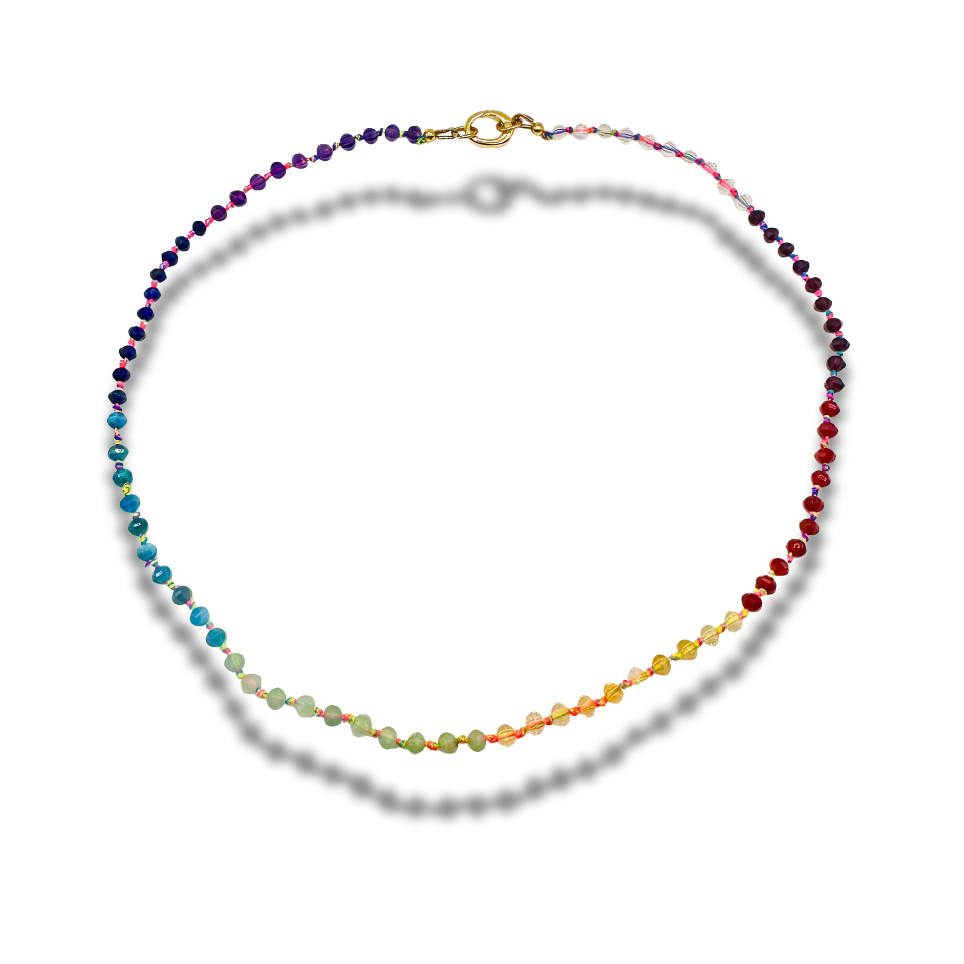 Multicolored beaded necklace on a white background