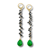 Pair of earrings with black beads and green teardrop stones on a white background