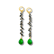 Pair of earrings with gold loops, black beads, and green teardrop stones on a white background