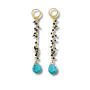 Pair of earrings with gold and black bead chains and turquoise stones on a white background