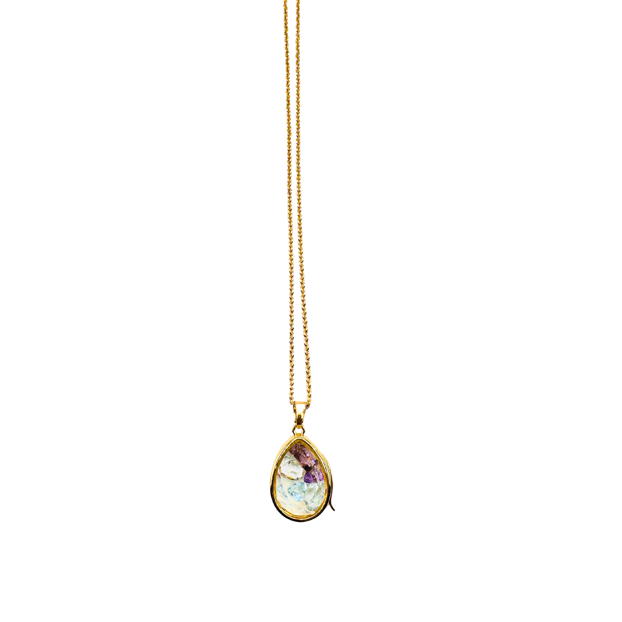 A gold teardrop pendant necklace featuring a multicolored iridescent stone with shades of purple, blue, and green, suspended on a delicate gold chain against a plain white background.