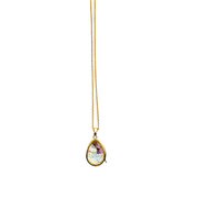 A gold teardrop pendant necklace featuring a multicolored iridescent stone with shades of purple, blue, and green, suspended on a delicate gold chain against a plain white background.