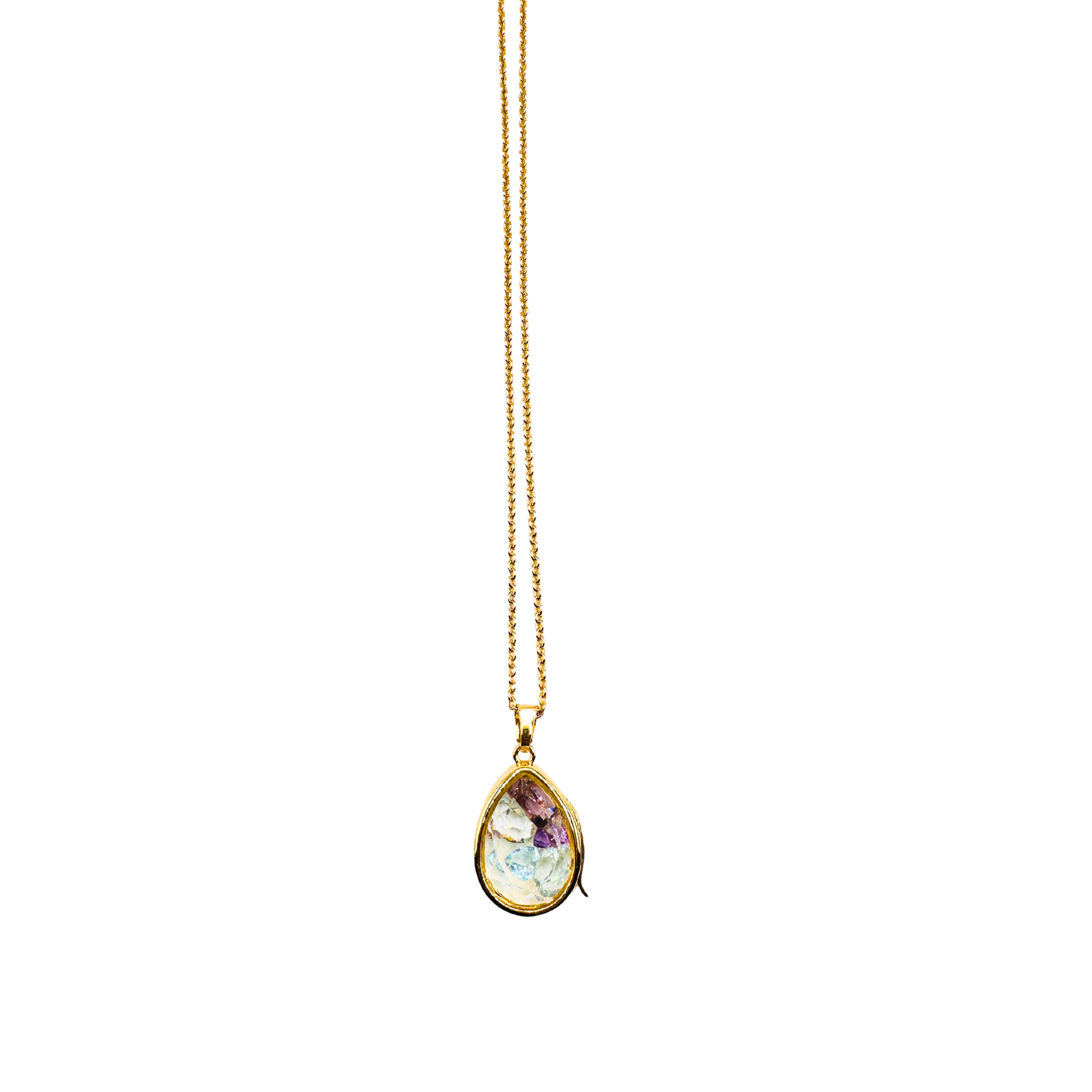 A gold teardrop pendant necklace featuring a multicolored iridescent stone with shades of purple, blue, and green, suspended on a delicate gold chain against a plain white background.