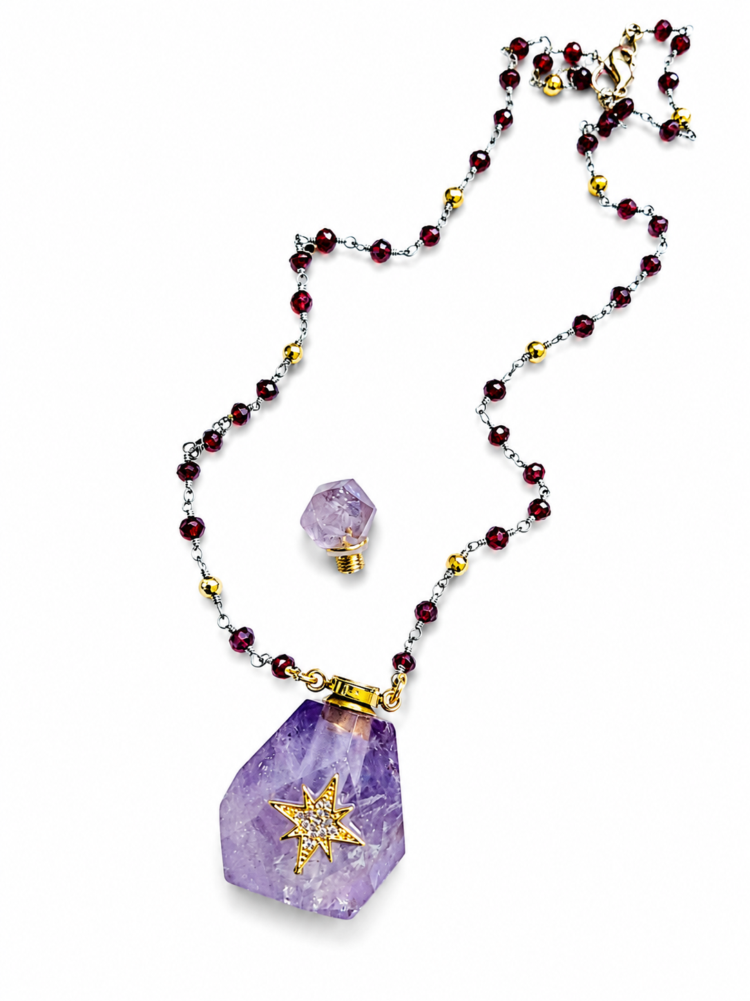 Amethyst with Star Accent  Carved Perfume Bottle Essential Oil Necklace
