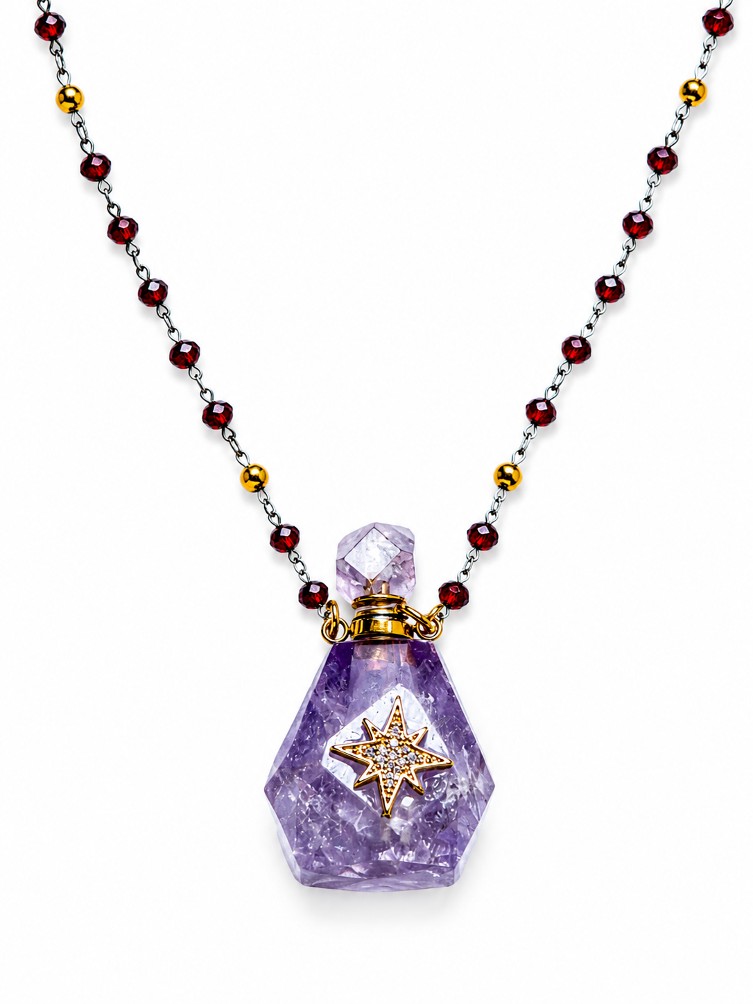 Amethyst with Star Accent  Carved Perfume Bottle Essential Oil Necklace
