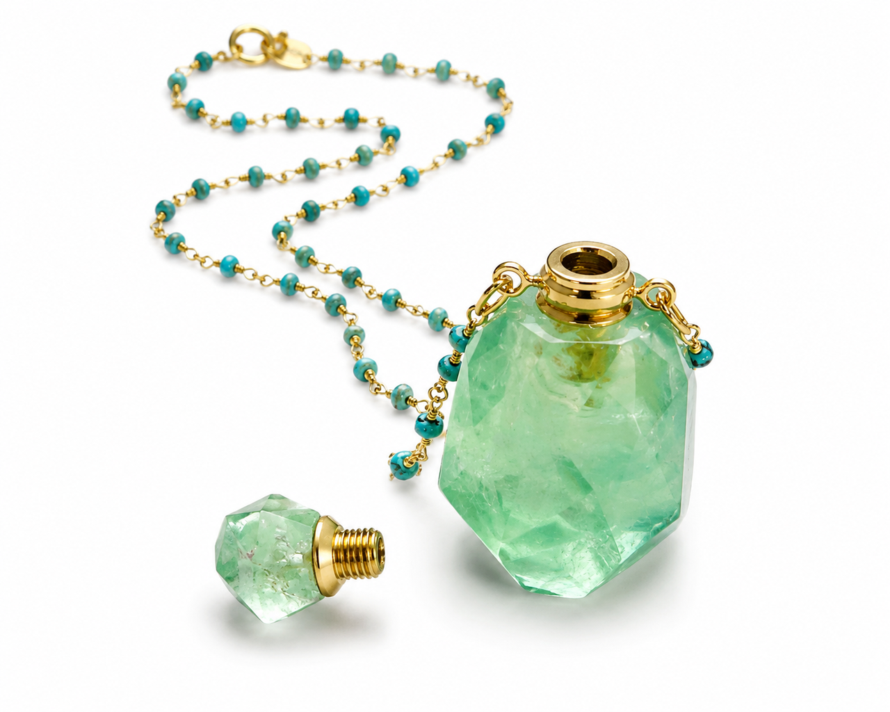 Green Fluorite Carved Perfume Bottle Essential Oil Necklace
