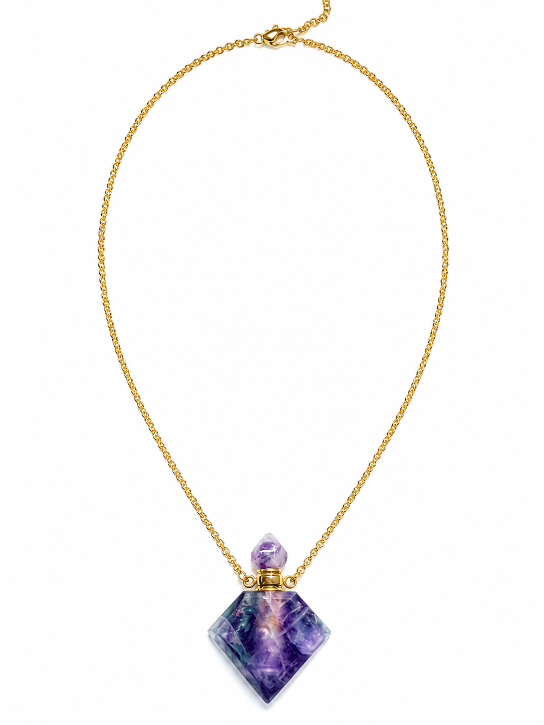 Diamond Shape Amethyst Perfume Bottle Essential Oil Necklace