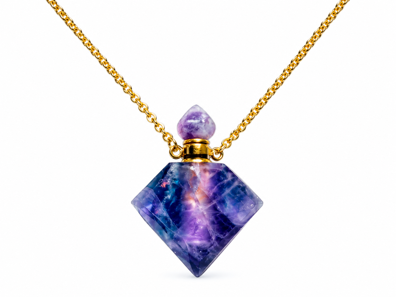 Diamond Shape Amethyst Perfume Bottle Essential Oil Necklace