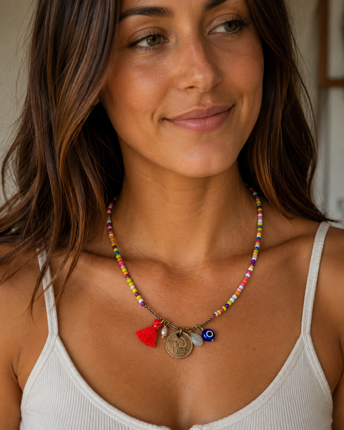 Summer Fun Hand Knotted Green Glass Bead Necklace with Coin