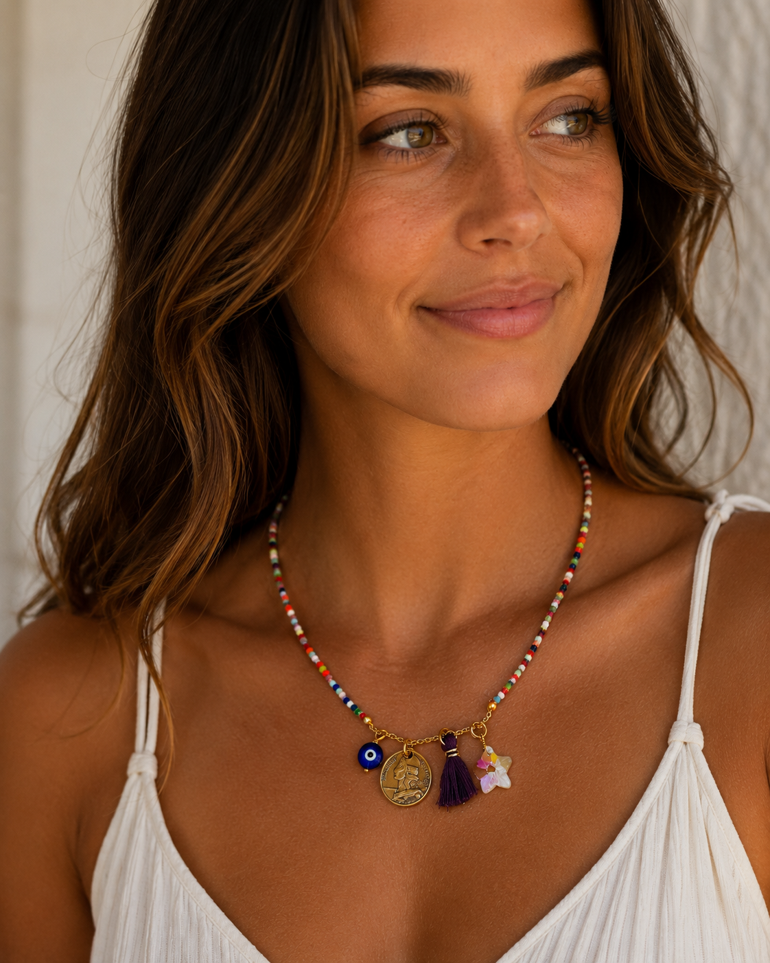 Handmade Glass Bead Charm Necklace with Genuine Coin, Evil Eye & Tassel, 18"
