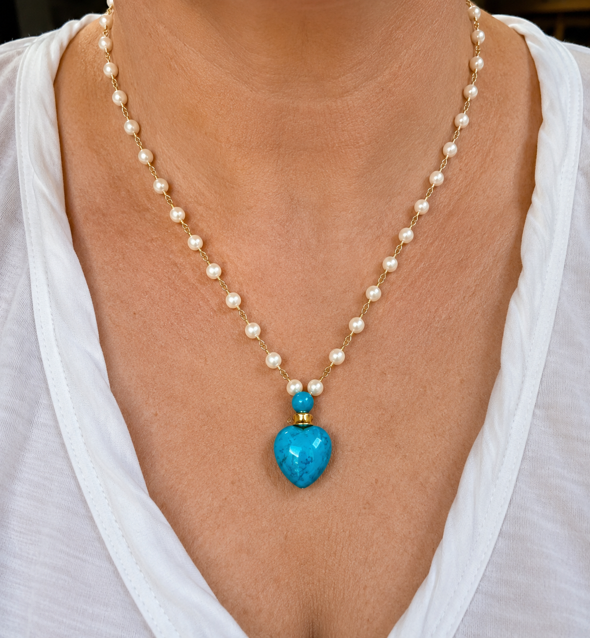 Turquoise Howlite and Pearl Perfume Bottle Necklace