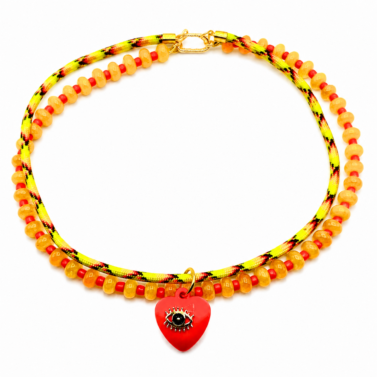 Neon Sunset Evil Eye Convertible Necklace | Orange Quartz & Paracord Charm Necklace | 16" Handmade Jewelry
