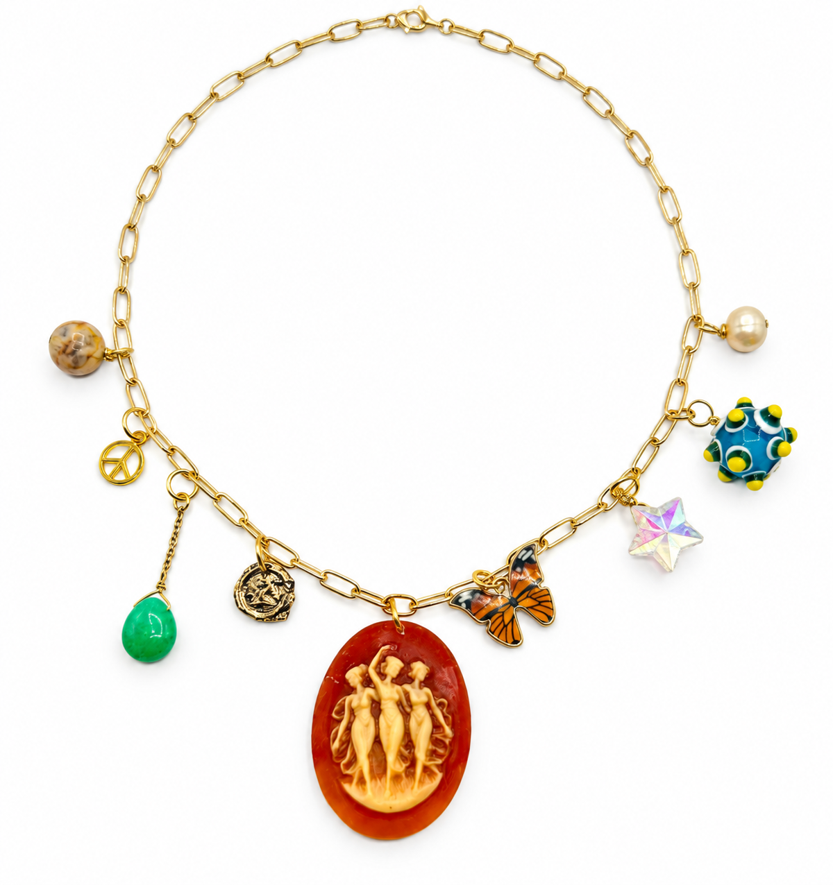 Three Nymphs Cameo Charm Necklace with Gemstones & Crystal