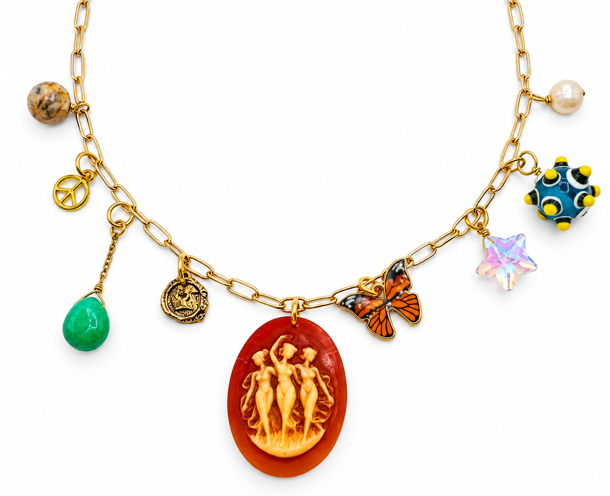 Three Nymphs Cameo Charm Necklace with Gemstones & Crystal