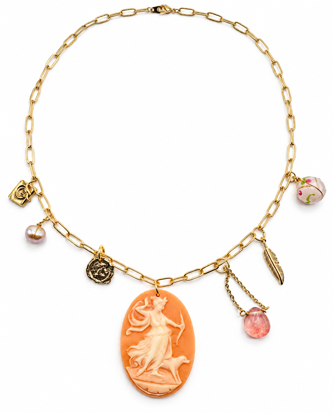 Diana Goddess Cameo Charm Necklace with Pearl & Gemstone