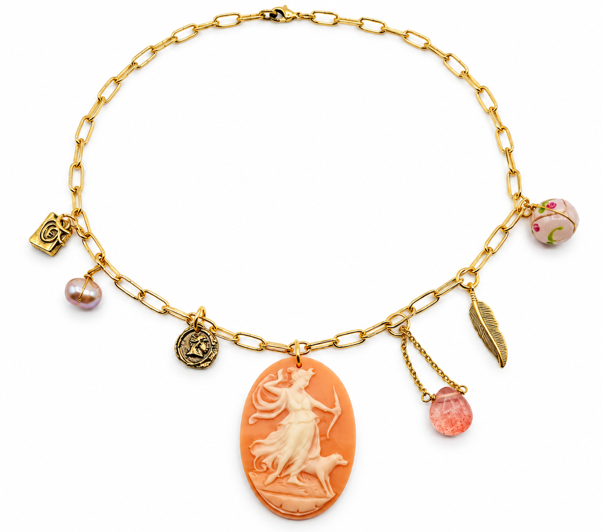 Diana Goddess Cameo Charm Necklace with Pearl & Gemstone