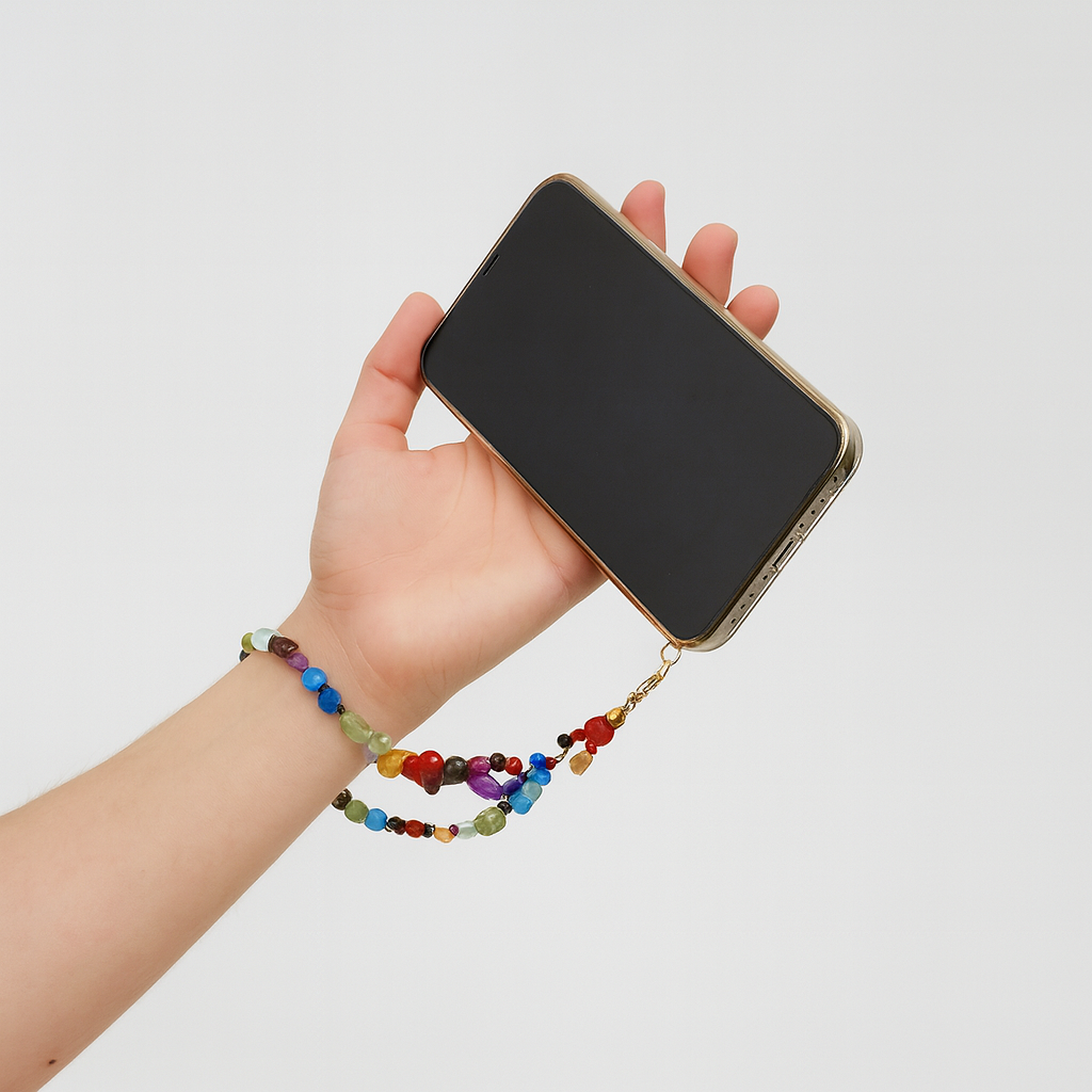 Gemstone Beaded Wristlet with Coin Charm, Colorful Gemstone Phone Strap, Keychain & Purse Accessory