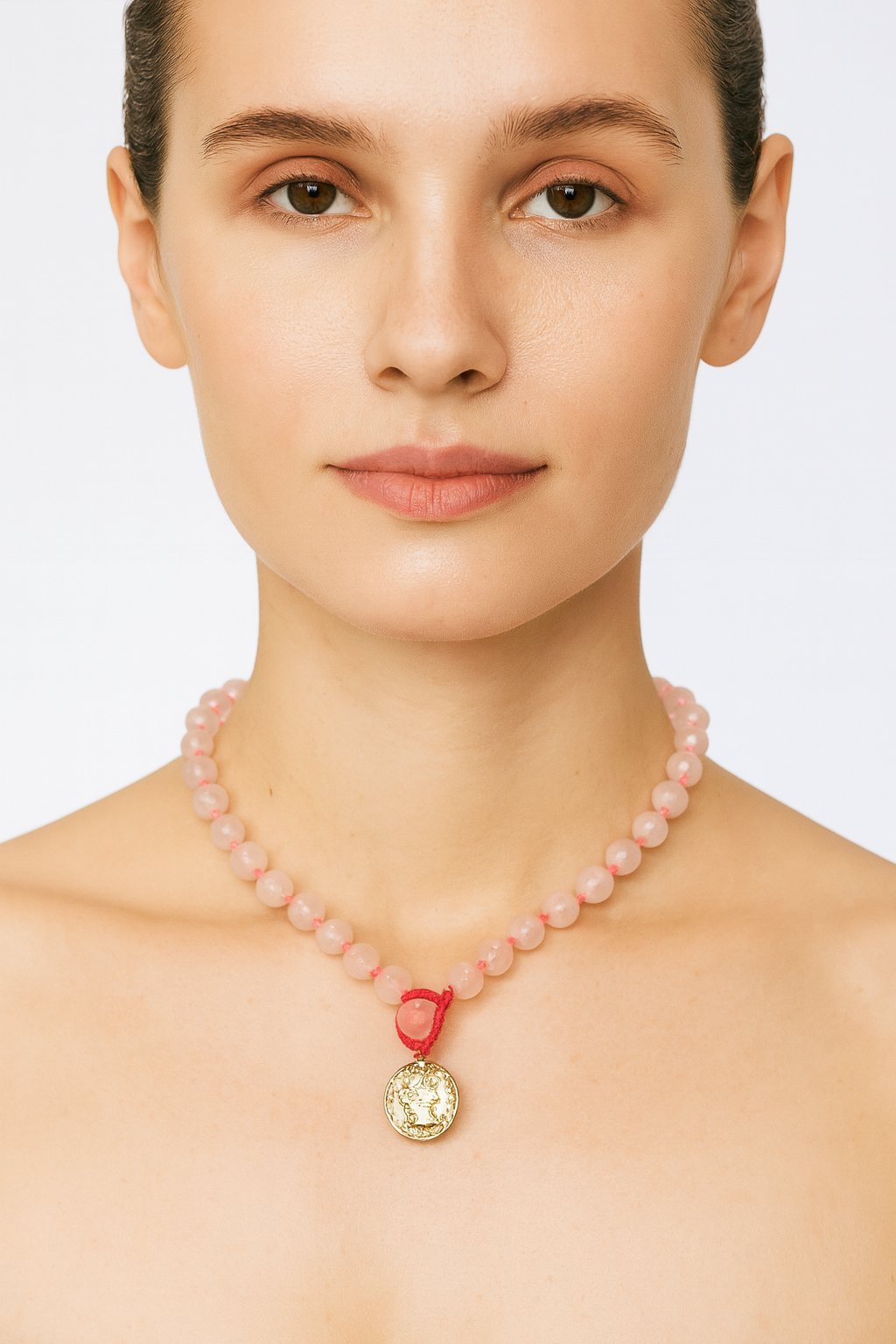 Rose quartz Hand Knotted Beaded Necklace with Genuine Coins