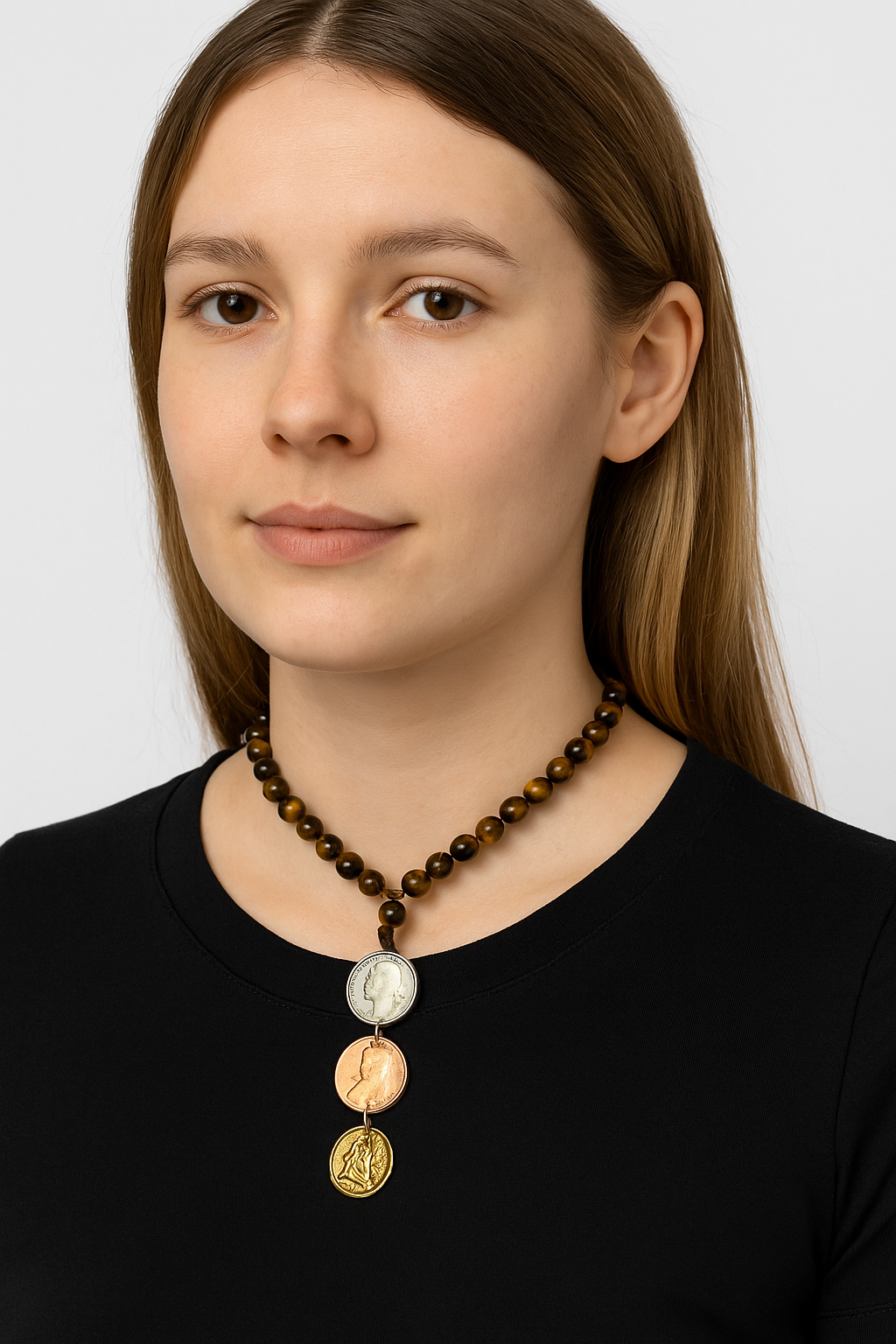 Tiger's Eye Hand Knotted Beaded Necklace with Genuine Coin
