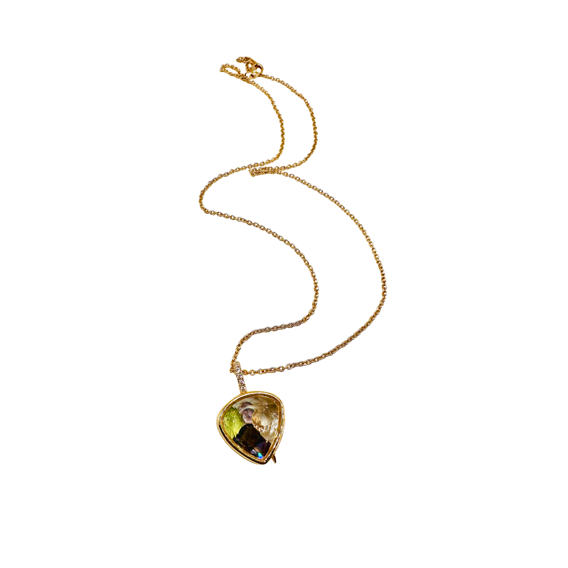 Gold necklace with a teardrop-shaped pendant on a white background
