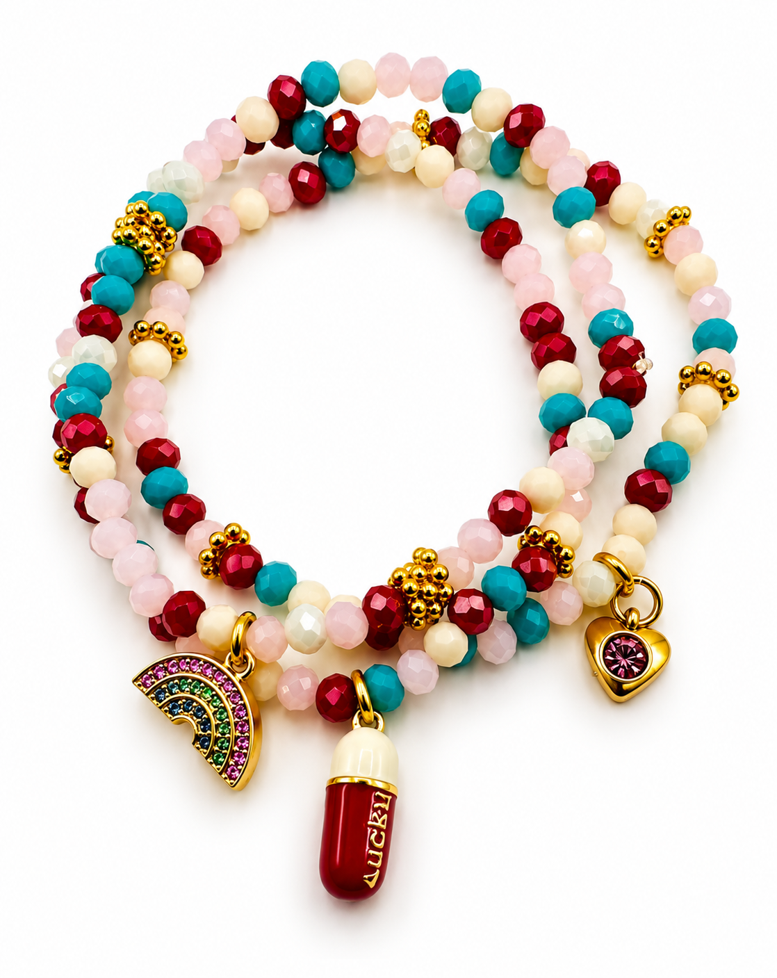 Crystal Beaded Bracelet Stack with Rainbow & Happy Pill Charms