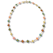 Necklace with colorful flower-shaped beads on a white background