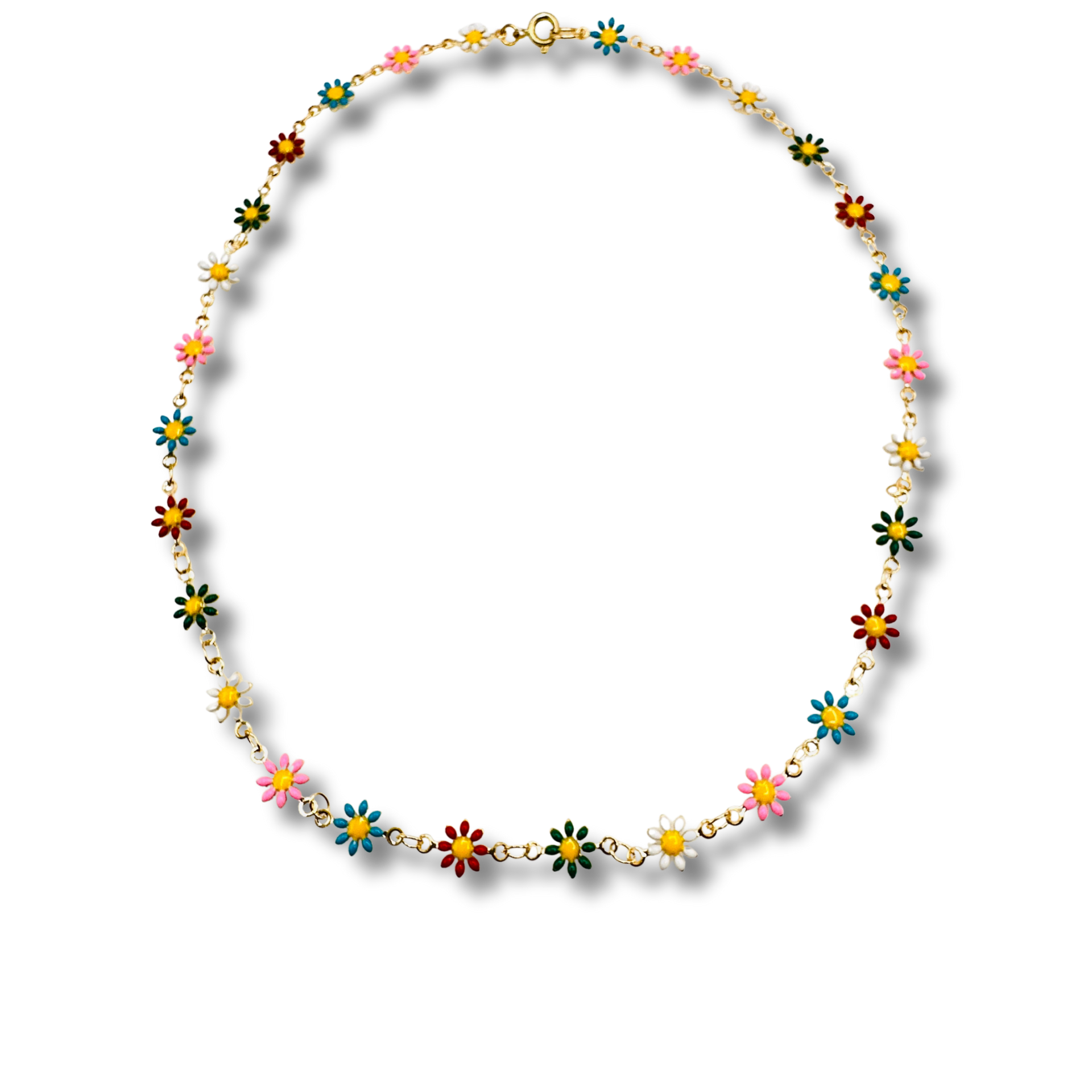 Necklace with colorful flower-shaped beads on a white background