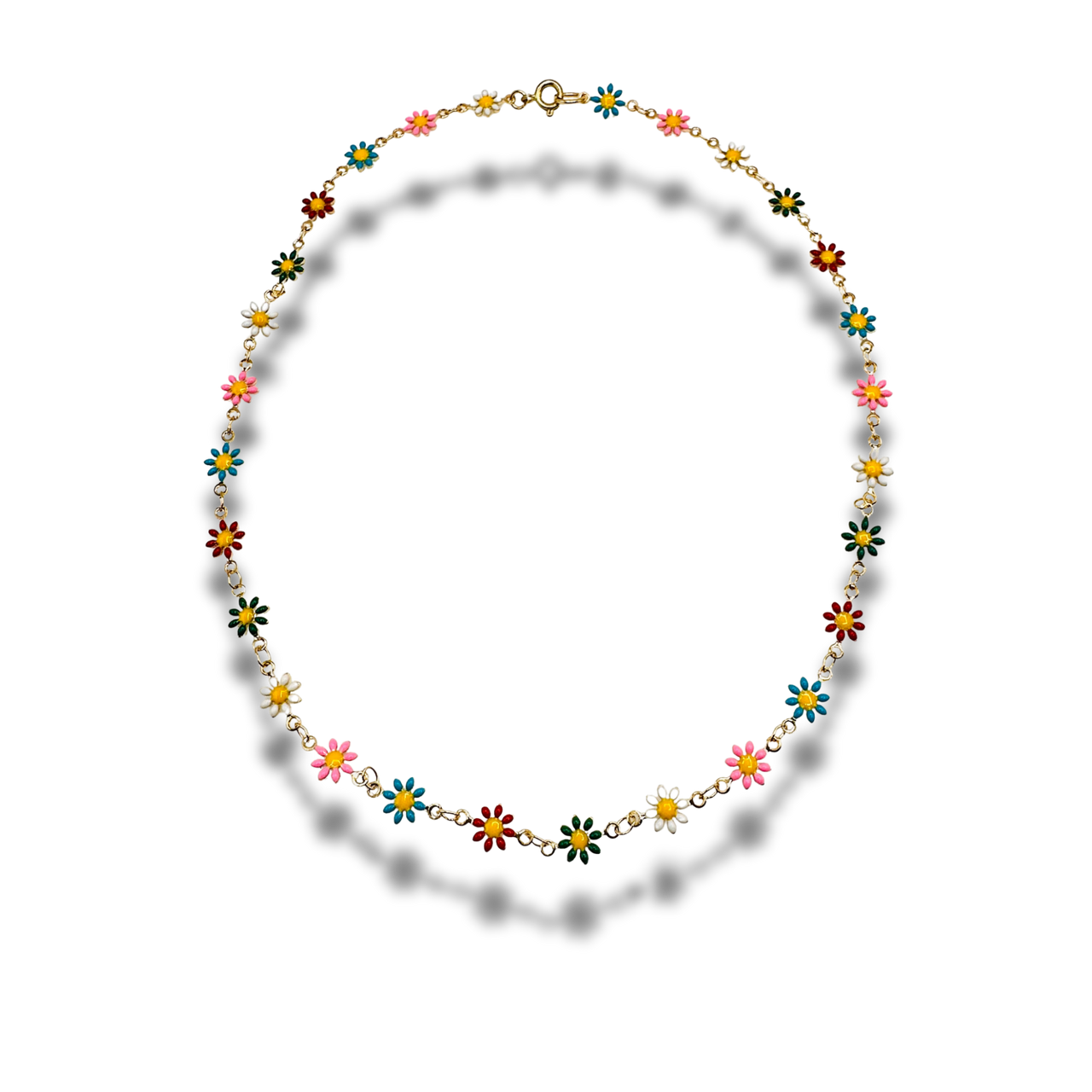 Necklace with colorful flower-shaped beads on a white background