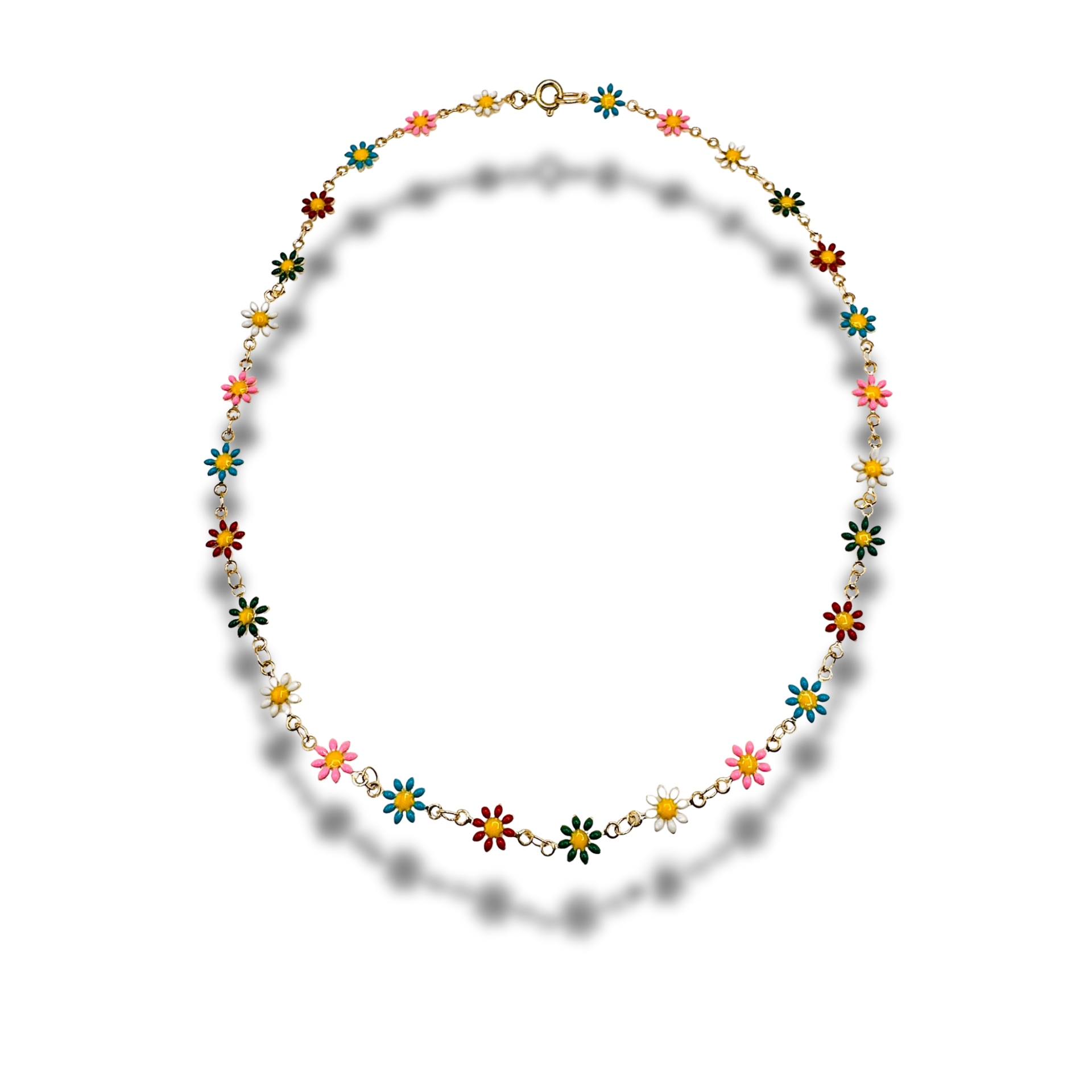 Necklace with colorful flower-shaped beads on a white background