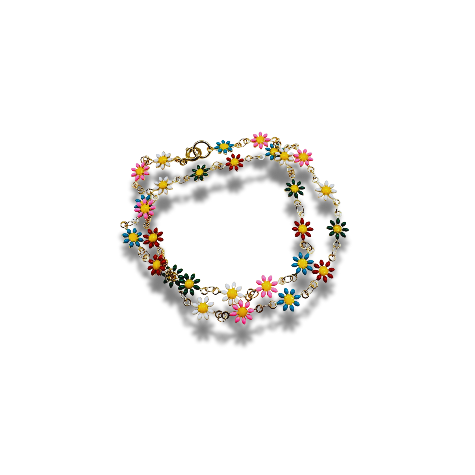 Colorful flower-shaped necklace on a white background