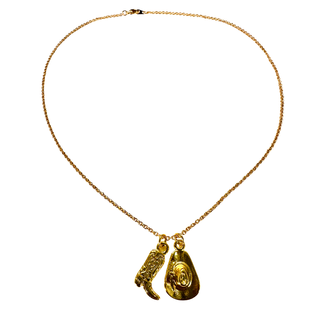 Gold necklace with two pendants on a white background