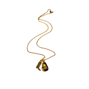 Gold necklace with a teardrop-shaped pendant on a white background