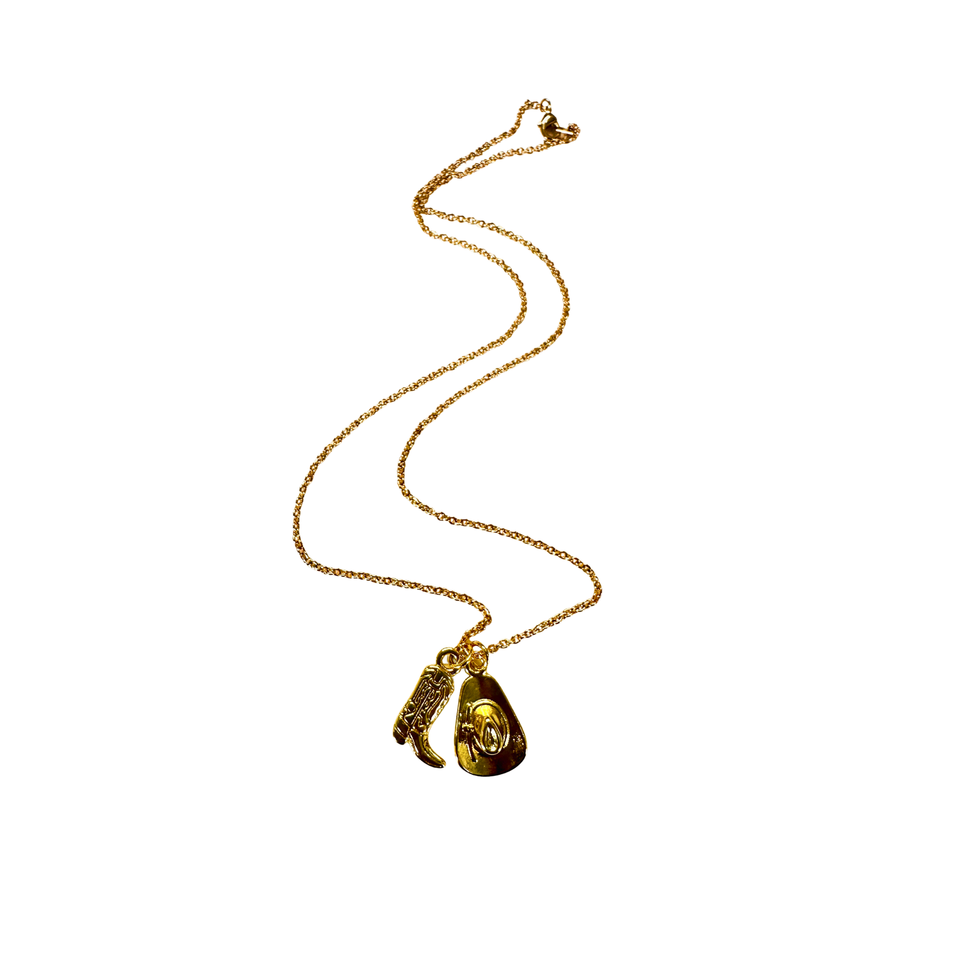 Gold necklace with a teardrop-shaped pendant on a white background