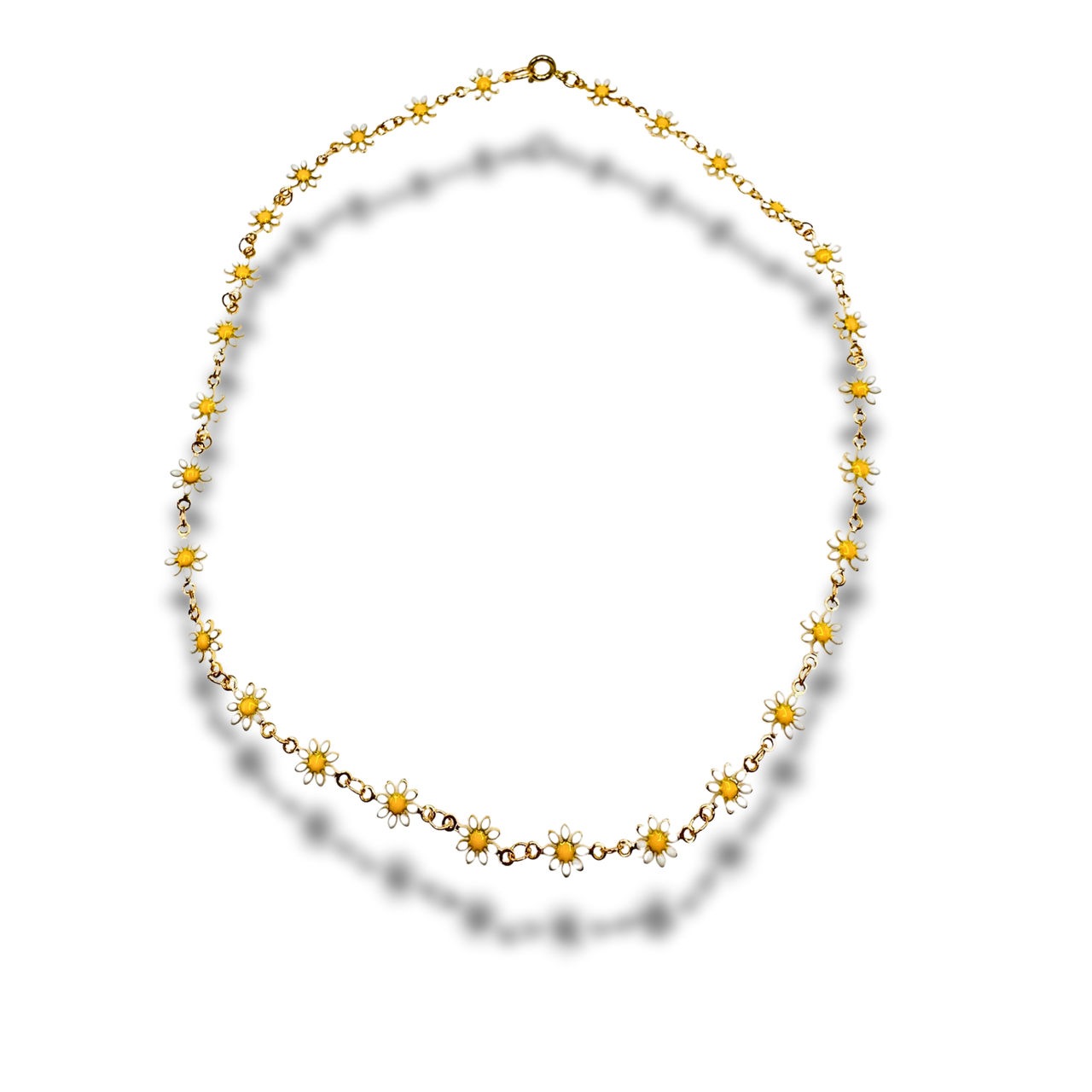 Gold necklace with daisy-shaped beads on a white background