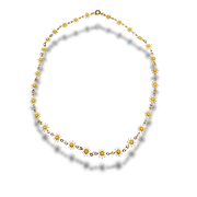 Gold necklace with daisy-shaped beads on a white background