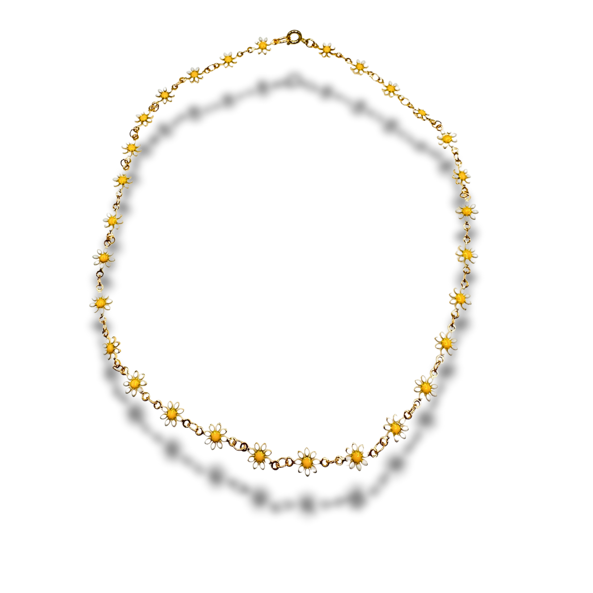 Gold necklace with daisy-shaped beads on a white background